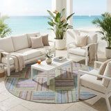 8' Green And Beige Round Geometric Washable Indoor Outdoor Area Rug