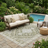 5' X 8' Olive Green And Green Oriental Washable Indoor Outdoor Area Rug