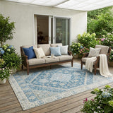 5' X 8' Teal Blue And Silver Oriental Washable Indoor Outdoor Area Rug