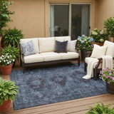 5' X 8' Denim Blue And Blue Oriental Washable Indoor Outdoor Area Rug