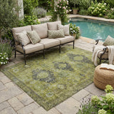 5' X 8' Olive Green And Green Oriental Washable Indoor Outdoor Area Rug