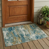 3' X 5' Teal Blue And Green Abstract Washable Indoor Outdoor Area Rug