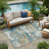 5' X 8' Teal Blue And Green Abstract Washable Indoor Outdoor Area Rug