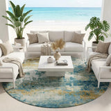 8' Teal Blue And Green Round Abstract Washable Indoor Outdoor Area Rug