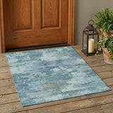 3' X 5' Teal Blue And Silver Abstract Washable Indoor Outdoor Area Rug