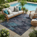 5' X 8' Teal Blue And Graphite Abstract Washable Indoor Outdoor Area Rug