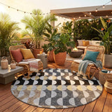 8' Black And Silver Round Geometric Washable Indoor Outdoor Area Rug