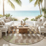 8' Coffee And Brown Round Geometric Washable Indoor Outdoor Area Rug