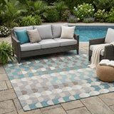 5' X 8' Teal Blue And Silver Geometric Washable Indoor Outdoor Area Rug