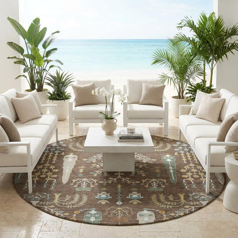 8' Coffee And Brown Round Oriental Washable Indoor Outdoor Area Rug