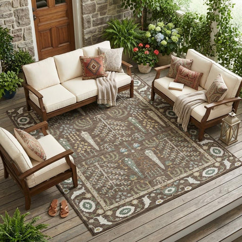 8' X 10' Coffee And Brown Oriental Washable Indoor Outdoor Area Rug