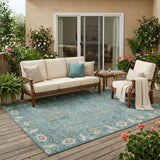 5' X 8' Teal Blue And Silver Oriental Washable Indoor Outdoor Area Rug