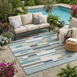 5' X 8' Teal Blue And Silver Striped Washable Indoor Outdoor Area Rug