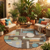 8' Coffee And Brown Round Geometric Washable Indoor Outdoor Area Rug