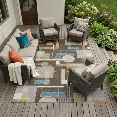 8' X 10' Coffee And Brown Geometric Washable Indoor Outdoor Area Rug