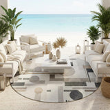 8' Ivory And Silver Round Geometric Washable Indoor Outdoor Area Rug
