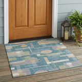 3' X 5' Teal Blue And Silver Geometric Washable Indoor Outdoor Area Rug