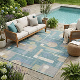 5' X 8' Teal Blue And Silver Geometric Washable Indoor Outdoor Area Rug