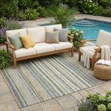 5' X 8' Green And Beige Striped Washable Indoor Outdoor Area Rug
