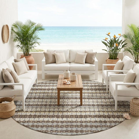 8' Coffee And Brown Round Striped Washable Indoor Outdoor Area Rug