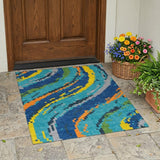 3' X 5' Teal Blue And Turquoise Abstract Washable Indoor Outdoor Area Rug