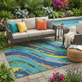 5' X 8' Teal Blue And Turquoise Abstract Washable Indoor Outdoor Area Rug