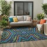 5' X 8' Navy Blue And Blue Abstract Washable Indoor Outdoor Area Rug