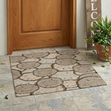 3' X 5' Khaki And Brown Faux Bois Washable Indoor Outdoor Area Rug