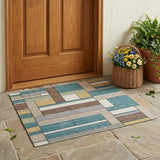 3' X 5' Teal Blue And Beige Geometric Washable Indoor Outdoor Area Rug