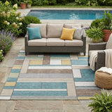 5' X 8' Teal Blue And Beige Geometric Washable Indoor Outdoor Area Rug