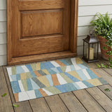 3' X 5' Blue And Ivory Geometric Washable Indoor Outdoor Area Rug