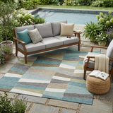 5' X 8' Teal Blue And Beige Geometric Washable Indoor Outdoor Area Rug