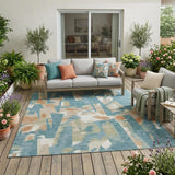 5' X 8' Teal Blue And Beige Abstract Washable Indoor Outdoor Area Rug