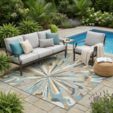 5' X 8' Teal Blue And Beige Abstract Washable Indoor Outdoor Area Rug