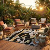 8' Black And Graphite Round Abstract Washable Indoor Outdoor Area Rug