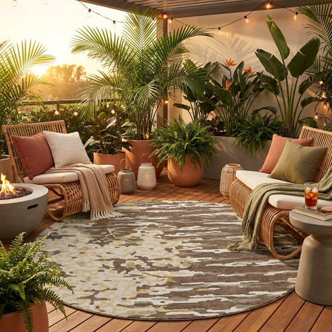 8' Coffee And Brown Round Abstract Washable Indoor Outdoor Area Rug