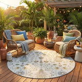 8' Ivory And Silver Round Oriental Washable Indoor Outdoor Area Rug