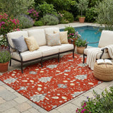5' X 8' Red And Beige Oriental Washable Indoor Outdoor Area Rug