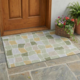 3' X 5' Green And Silver Geometric Washable Indoor Outdoor Area Rug