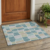 3' X 5' Teal Blue And Silver Geometric Washable Indoor Outdoor Area Rug
