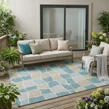 5' X 8' Teal Blue And Silver Geometric Washable Indoor Outdoor Area Rug