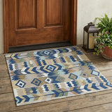 3' X 5' Navy Blue And Blue Geometric Washable Indoor Outdoor Area Rug