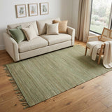 5' X 8' Green And Brown Jute Hand Woven Area Rug With Fringe