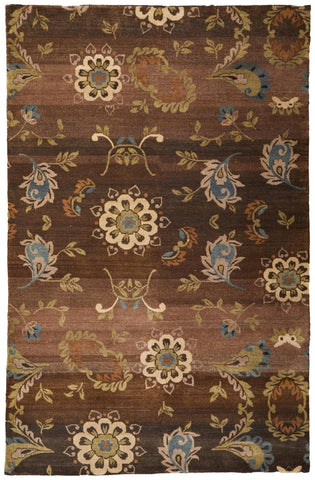 2' X 3' Brown Tan And Green Wool Floral Hand Knotted Area Rug