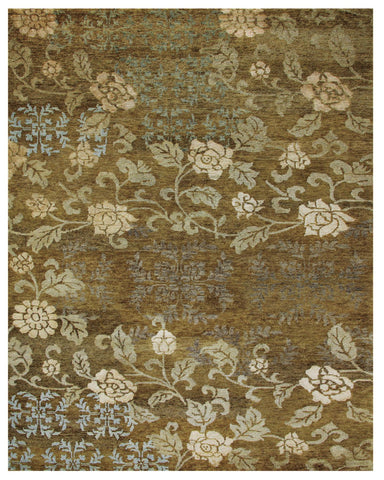 2' X 3' Brown Green And Blue Floral Hand Knotted Area Rug