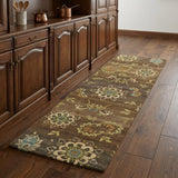 8' Brown Tan And Green Wool Floral Hand Knotted Area Rug