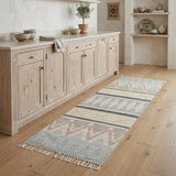 8' Blue Tan And Pink Moroccan Hand Loomed Area Rug With Fringe