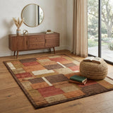 4' X 6' Green Brown And Orange Checkered Hand Knotted Area Rug