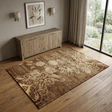 4' X 6' Brown Tan And Ivory Floral Hand Knotted Area Rug