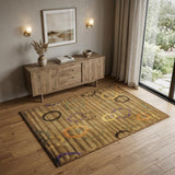 4' X 6' Gold Purple And Orange Striped Hand Knotted Area Rug